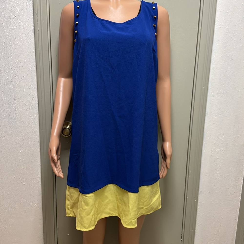 Blue Pepper Sleevless Medi Dress with copper embellishments around sleeved 2X